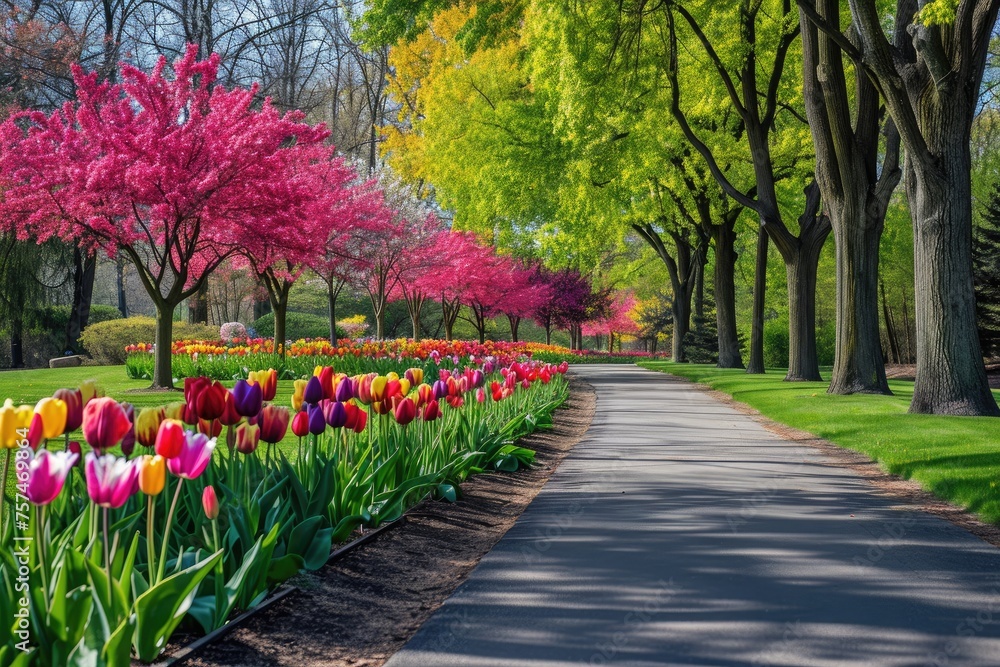 A pathway winding through a colorful garden brimming with vibrant flowers in full bloom, A row of vibrant tulip trees in a city park, AI Generated