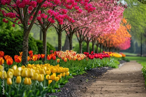 A pathway surrounded by vibrant and diverse flowers, creating a stunning display of colors and patterns, A row of vibrant tulip trees in a city park, AI Generated