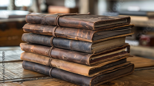 Close-up of antique-style, thick leather-bound journals piled neatly on a wooden table, radiating literary history