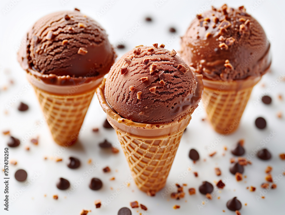 Trois petits cornets de glace chocolat noisette dans un cornet en gaufrette sur fond blanc Trois petits cornets de glace chocolat noisette dans un cornet en gaufrette sur fond blanc