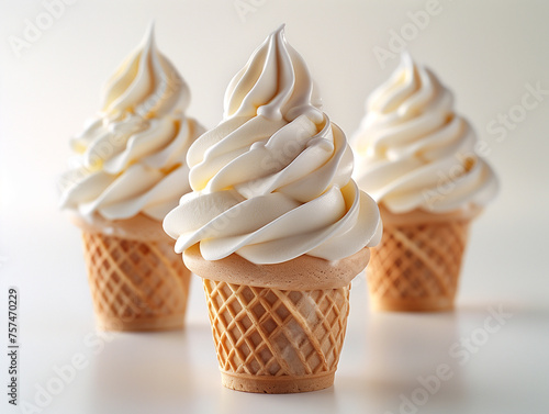 Trois glaces italiennes saveur vanille crème dans un cornet en gaufrette sur fond blanc