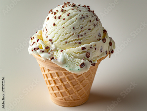 Petite glace menthe avec des copeaux de chocolat dans un cornet en gaufrette sur fond blanc