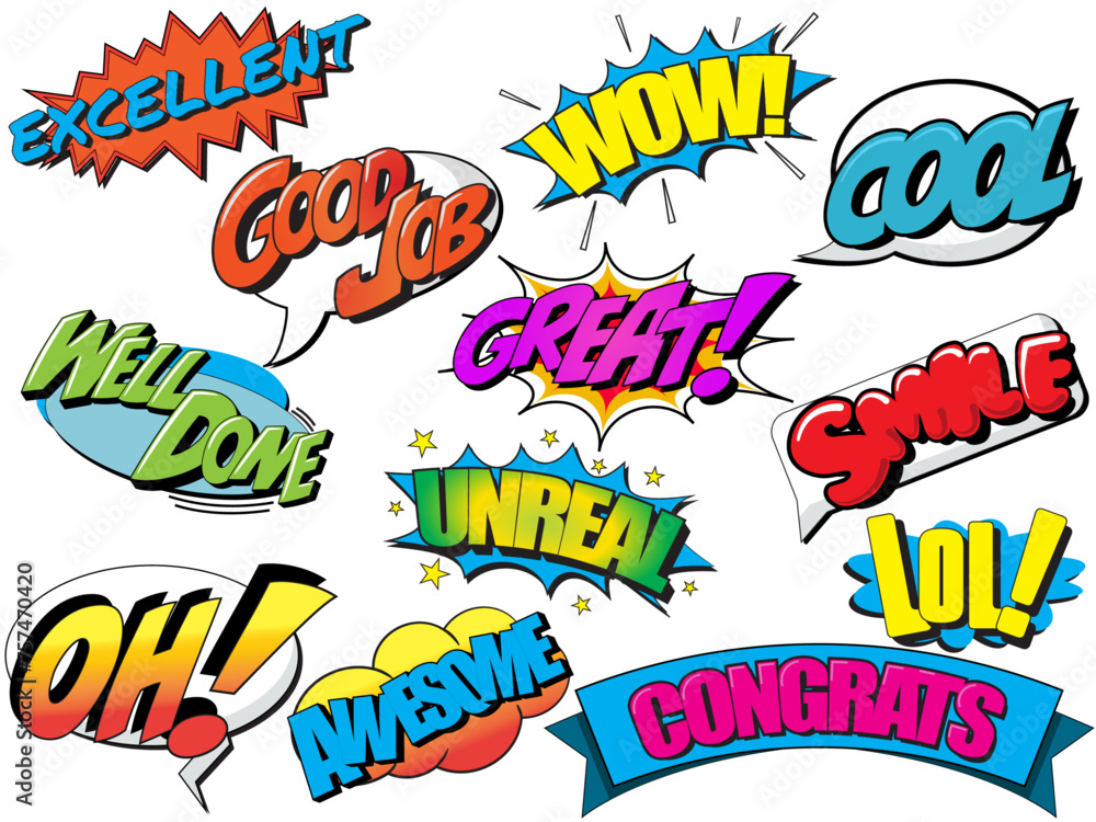 Collection of complementary or expressive words in a retro comic book style Collection of complementary or expressive words in a retro comic book style