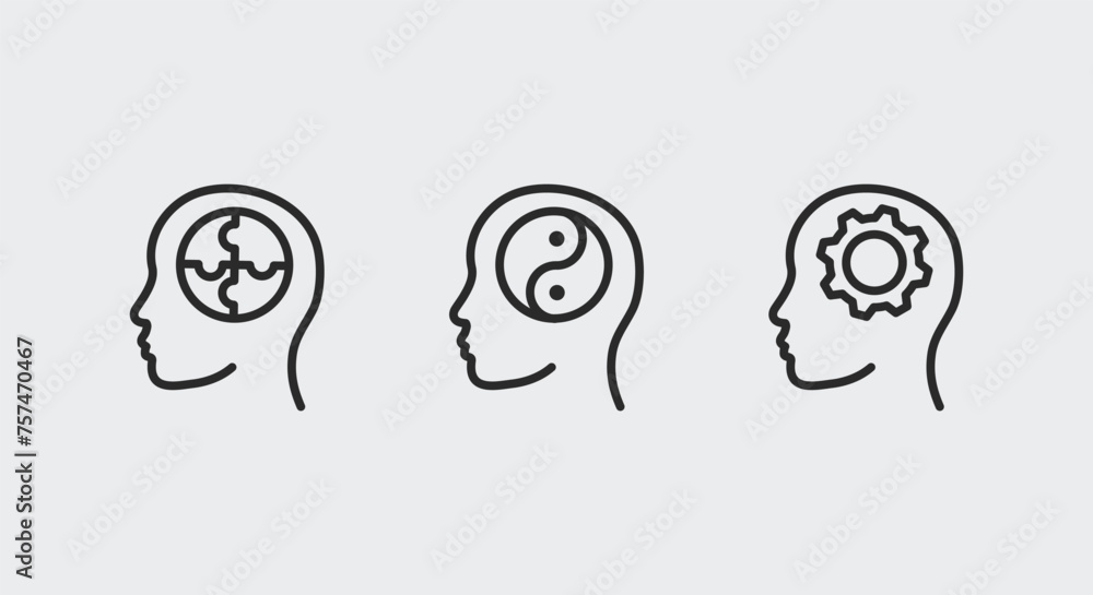 3 black line icons of puzzle head, yin yang head, and gear head on white background. Suitable for web, mobile, and promo materials. Vector illustration related to human mind, thinking, and psychology. 3 black line icons of puzzle head, yin yang head, and gear head on white background. Suitable for web, mobile, and promo materials. Vector illustration related to human mind, thinking, and psychology.