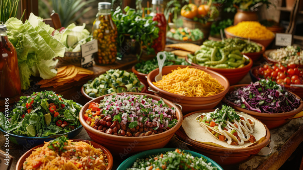 A vibrant display of various fresh and healthy salads, bowls of colorful vegetables, and condiments
