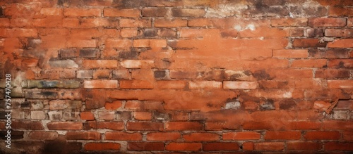 A close up of a weathered brown brick wall with rectangular bricks and wood accents. The landscape is a natural peachcolored composite material