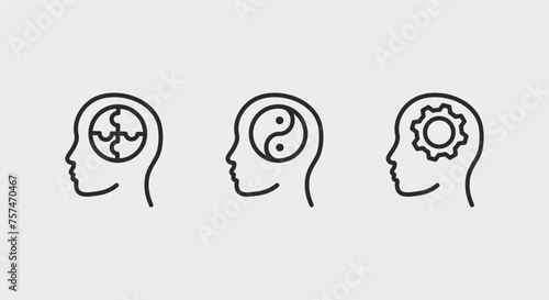 3 black line icons of puzzle head, yin yang head, and gear head on white background. Suitable for web, mobile, and promo materials. Vector illustration related to human mind, thinking, and psychology.
