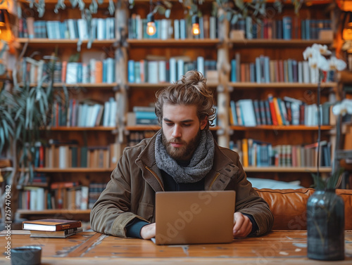 Un freelance ou étudiant travaille sur son ordinateur portable depuis une bibliothèque publique, télétravail
