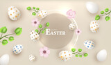 Happy Easter card vector with eggs and flowers. Holiday banner background. 