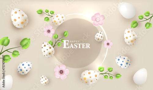 Happy Easter card vector with eggs and flowers. Holiday banner background.   © SidorArt