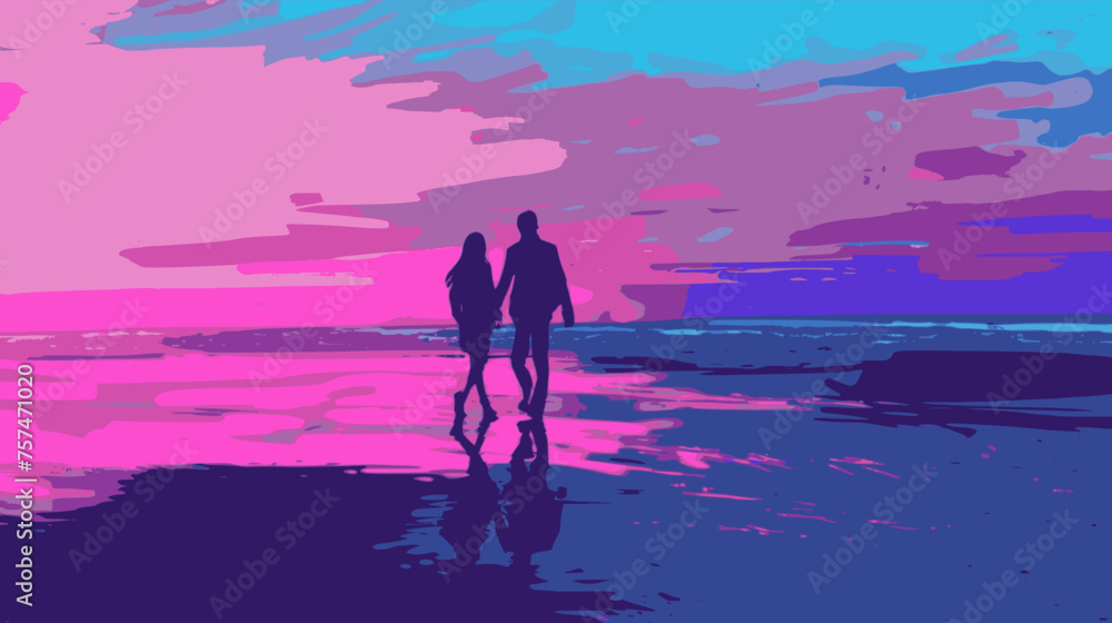 Man and woman walking on the beach. Lofi, blue, purple, pink Man and woman walking on the beach. Lofi, blue, purple, pink