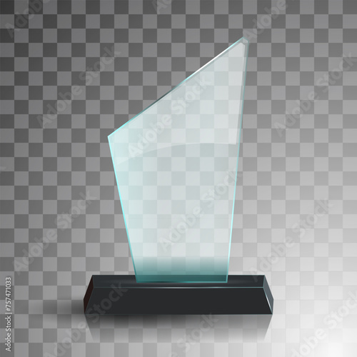 Glass winner trophies. Glass Trophy Awards. First place award, crystal prize and signed acrylic trophies. Glass award trophy or winner prize realistic vector illustration. Transparent crystal plate or