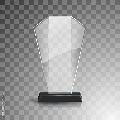 Glass winner trophies. Glass Trophy Awards. First place award, crystal prize and signed acrylic trophies. Glass award trophy or winner prize realistic vector illustration. Transparent crystal plate or