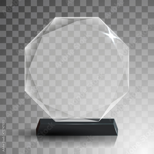 Glass winner trophies. Glass Trophy Awards. First place award, crystal prize and signed acrylic trophies. Glass award trophy or winner prize realistic vector illustration. Transparent crystal plate or