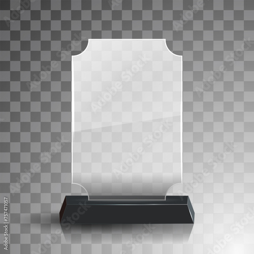 Glass winner trophies. Glass Trophy Awards. First place award, crystal prize and signed acrylic trophies. Glass award trophy or winner prize realistic vector illustration. Transparent crystal plate or
