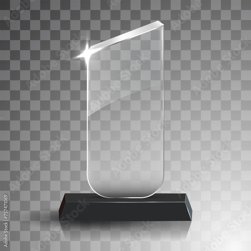 Glass winner trophies. Glass Trophy Awards. First place award, crystal prize and signed acrylic trophies. Glass award trophy or winner prize realistic vector illustration. Transparent crystal plate or