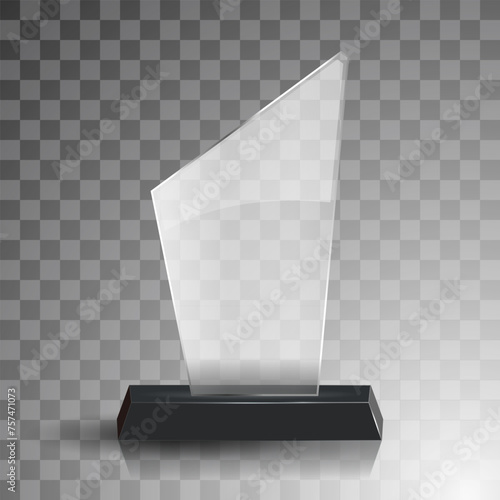 Glass winner trophies. Glass Trophy Awards. First place award, crystal prize and signed acrylic trophies. Glass award trophy or winner prize realistic vector illustration. Transparent crystal plate or