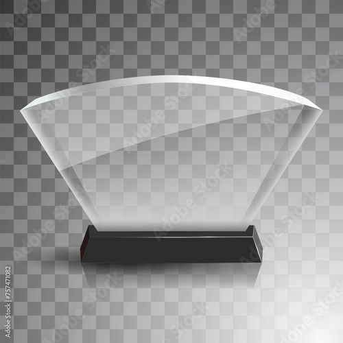 Glass winner trophies. Glass Trophy Awards. First place award, crystal prize and signed acrylic trophies. Glass award trophy or winner prize realistic vector illustration. Transparent crystal plate or