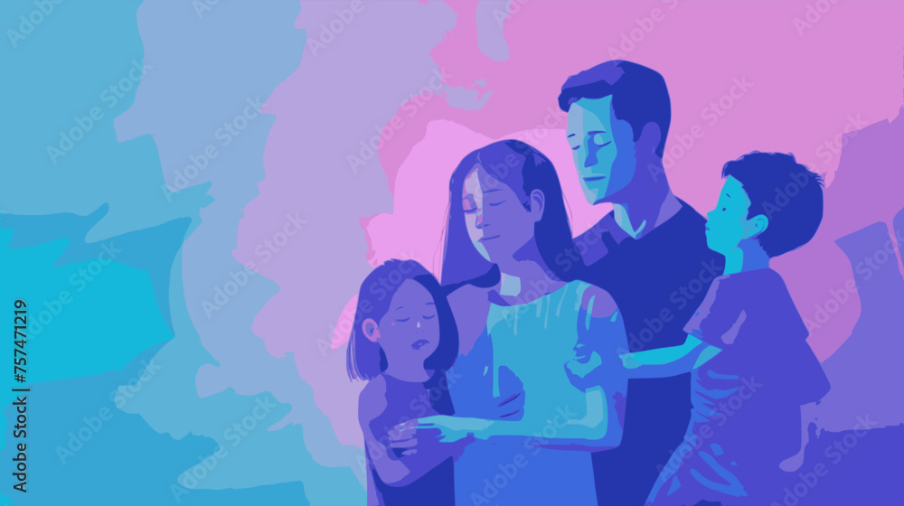 Woman, man and children, family. Lofi, blue, purple, pink