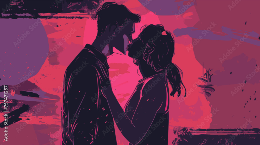 Woman and man kissing. Lofi, red, purple, pink