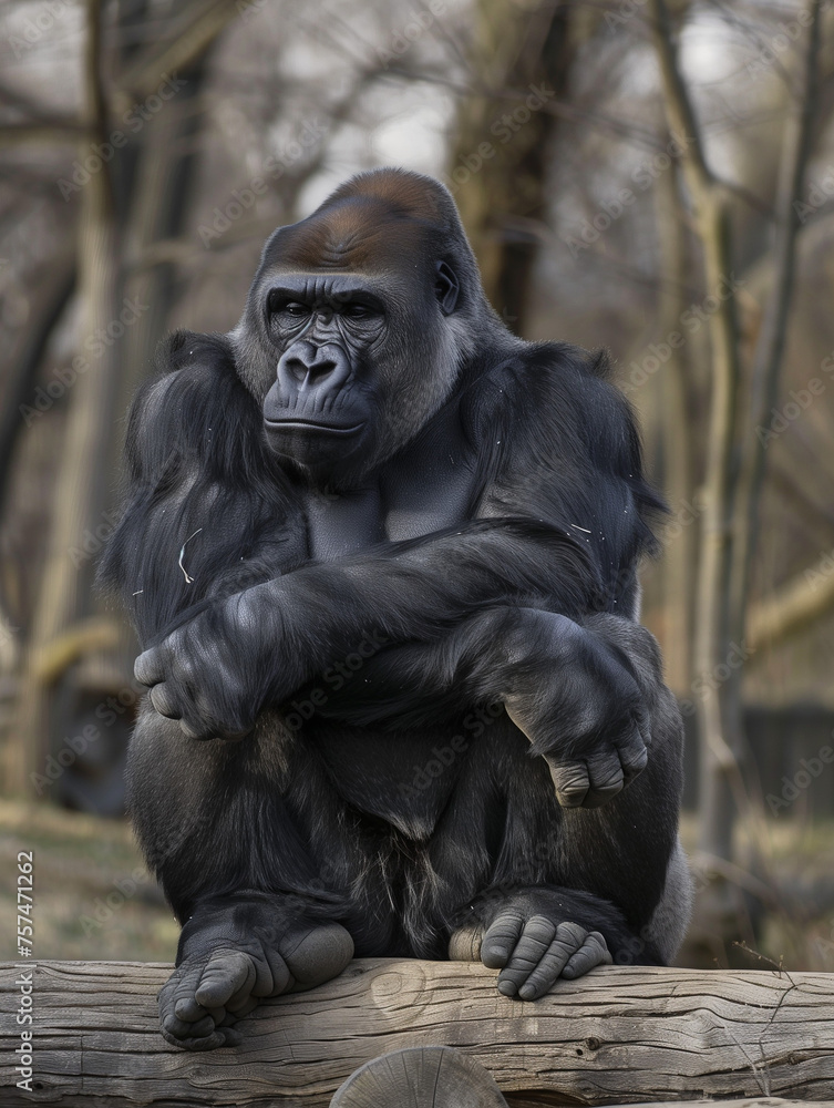 Ein Gorilla sitzt im Wald und schaut ernst