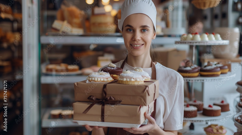woman baker holding cakes in her hands on the background of the bakery