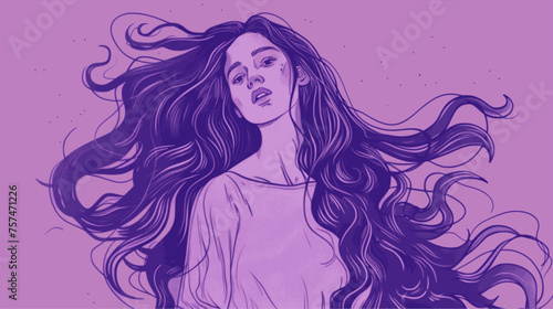 Woman long hair standing up, full body. Lofi, purple