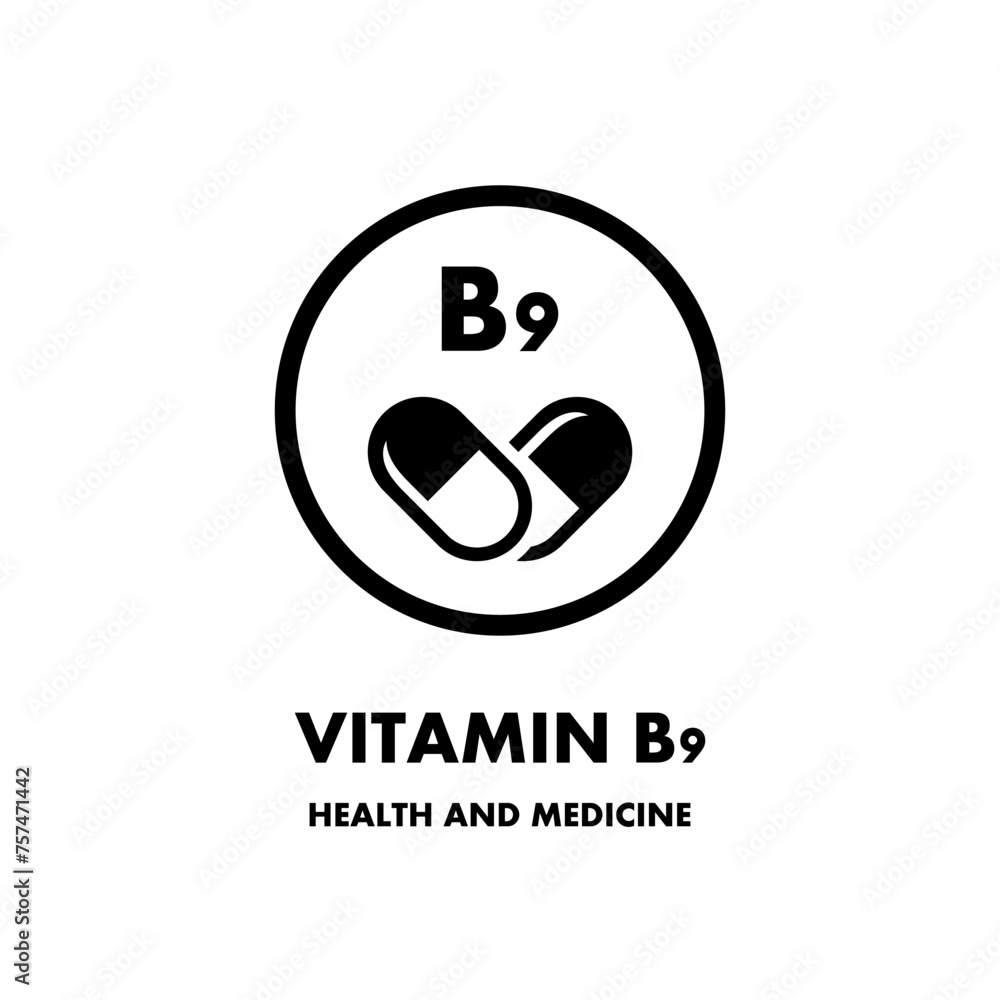 Vitamin B9 vector icon. Vector icon for health. Icon vitamin pill. Vitamin B9 vector icon. Vector icon for health. Icon vitamin pill.