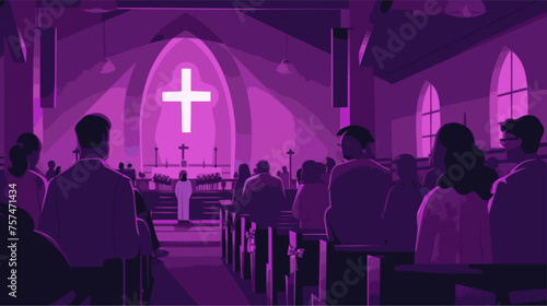 Christian worshippers in church. Lofi, purple