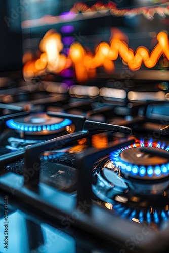 Gas stove burners. Natural gas. Cost growth concept with gas burners and stock charts blurred on background. Copy space. Powerful heat from a gas burner. © Евгений Федоров