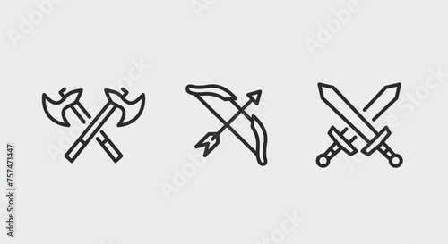 Medieval weapon icons - axes, bow & arrow, and swords. White background for web, mobile, promo, SMM. Vector illustration