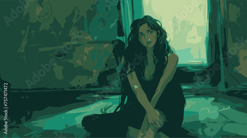 Woman long hair sitting down, full body. Lofi, green