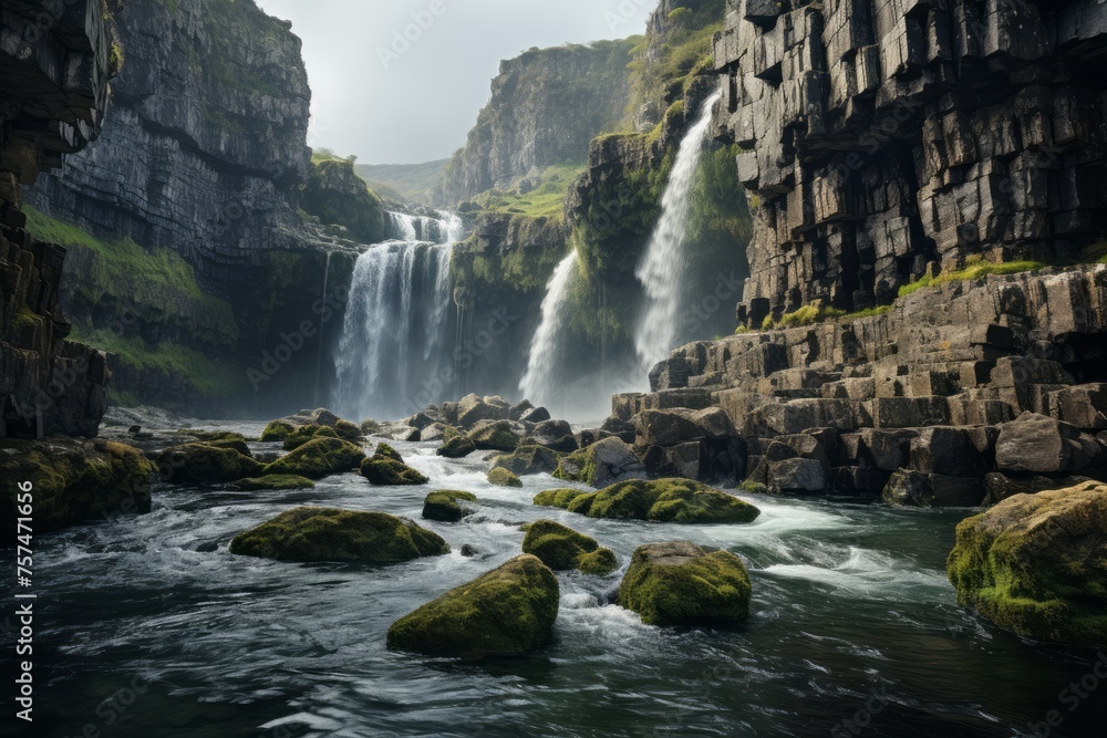 Waterfall in a canyon with rocks and river, a stunning natural landscape