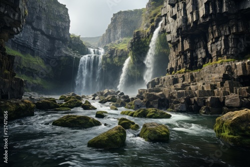 Waterfall in a canyon with rocks and river, a stunning natural landscape