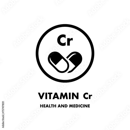 Vitamin Cr, vector icon. Vector icon for health. Icon vitamin pill. Mineral Vitamin complex with Chemical formula.