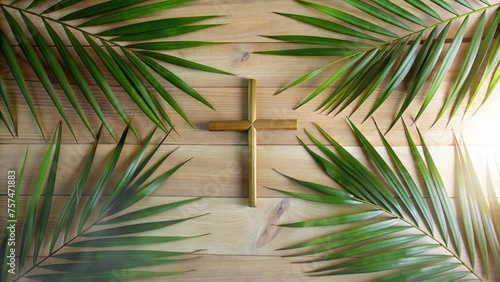 palm sunday with 4 palm leaves and wooden board photo
