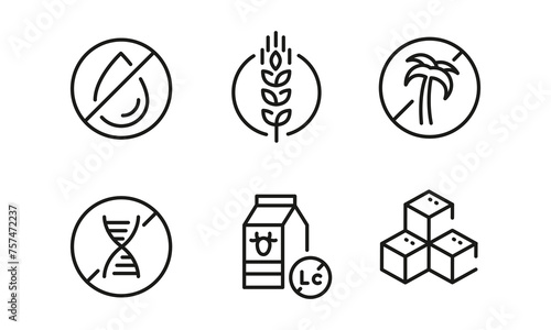 6 black line icons for food topics, including water, wheat, palm oil, GMO, milk, and sugar. Use in digital and promotional materials. Vector illustration.