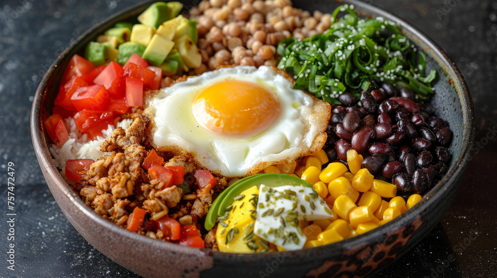 A vibrant and nutritious breakfast bowl with a sunny-side up egg, avocado, beans, and fresh vegetables A vibrant and nutritious breakfast bowl with a sunny-side up egg, avocado, beans, and fresh vegetables