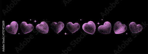 Pixel Y2K Heart Shapes. Set of trendy different bitmap graphic elements. Retro futuristic clip art stickers for collage, retro design, t-shirt. 8 bit. Vector illustration.
