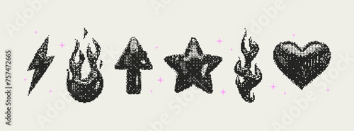 Pixel Y2K Shapes. Set of trendy different bitmap graphic elements. Stars, fires, arrow and heart. Retro futuristic clip art stickers for collage, retro design, t-shirt. 8 bit. Vector illustration.	