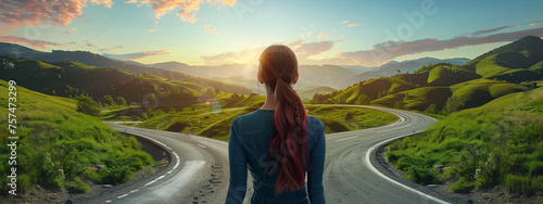 a woman in front of two roads photo