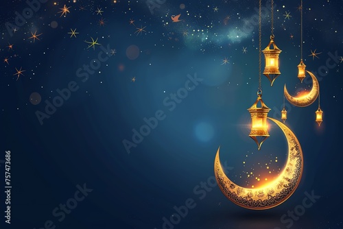 Celestial half-moon ramadan setting embellished with lantern stars a magical night of worship and reflection