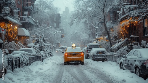 A yellow taxi on a snowy road