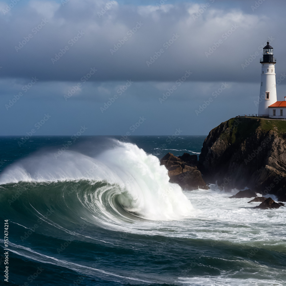 Stormy sea waves break near the lighthouse. Generative AI