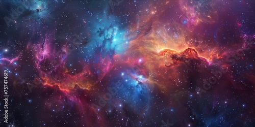 Vivid cosmic nebula with an array of colors and stars.