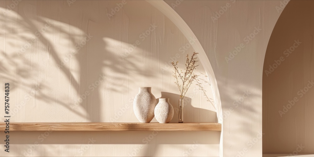 Minimalist shelf with vases in an arched alcove with soft shadows. Minimalist shelf with vases in an arched alcove with soft shadows.