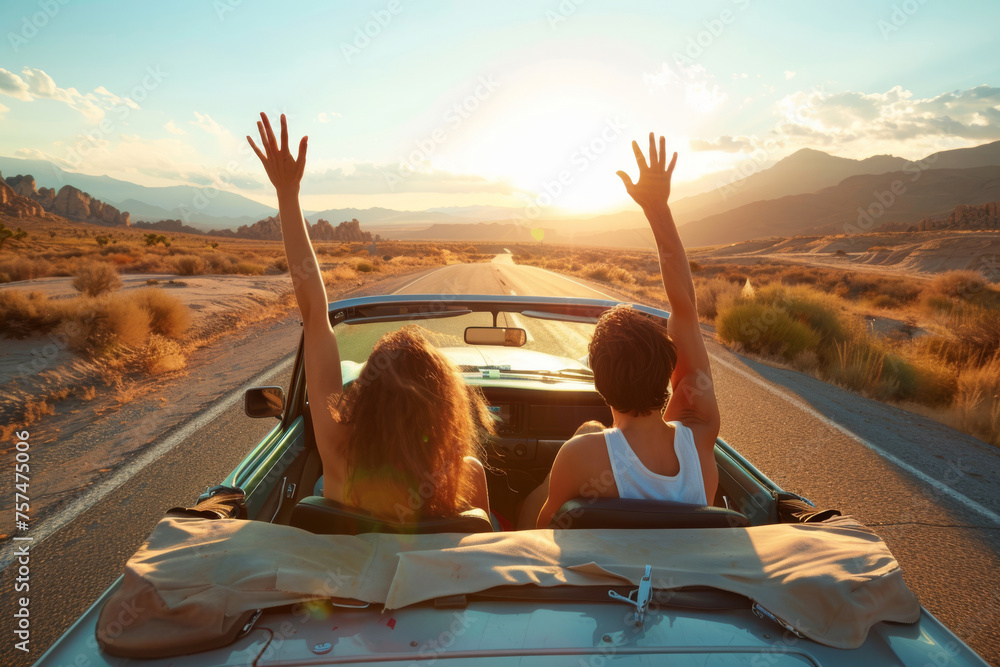 A happy couple drives along a tranquil country road at sunset in a convertible, basking in the warm glow of the evening sun as they enjoy each other's company and the picturesque surroundings. - obrazy, fototapety, plakaty 