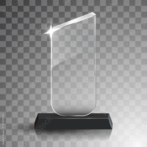 Glass winner trophies. Glass Trophy Awards. First place award, crystal prize and signed acrylic trophies. Glass award trophy or winner prize realistic vector illustration. Transparent crystal plate or