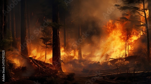 Intense forest blaze  towering trees engulfed by flames  dramatic wildfire  emergency environmental issue.