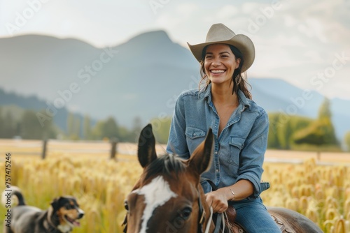 Joyful woman in a cowboy hat riding a horse in a golden field with a dog running alongside © Archil